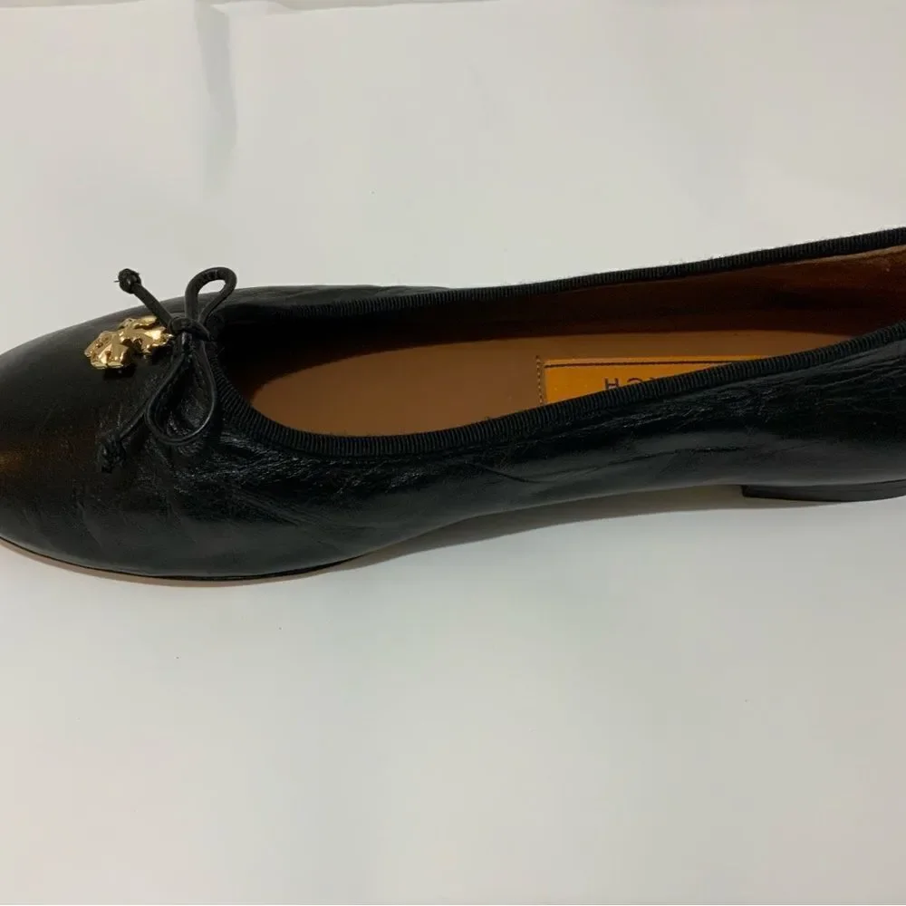 Tory Burch Tory Charm Ballet Flat 10 M Perfect Black Goat Leather Gold Logo $268
